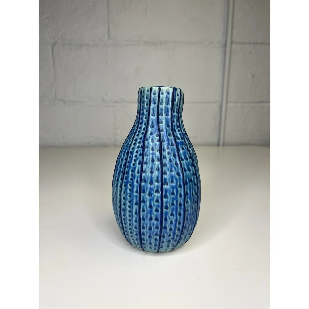 Textured Teal Blue Vase Stripe Thailand Bud Vase 7
